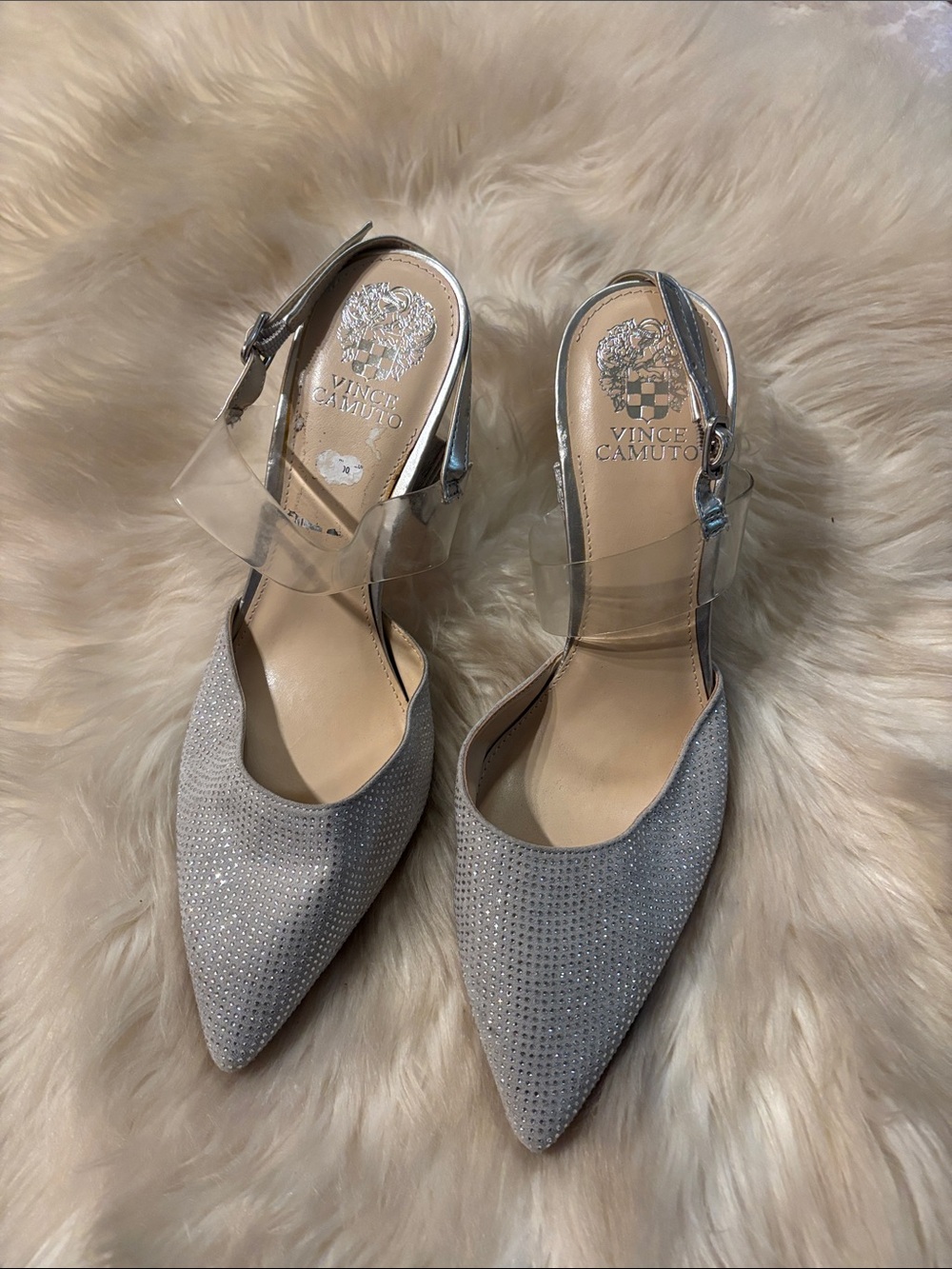 Vince Camuto Silver Pointed-Toe Slingback Flats with Clear Ankle Strap